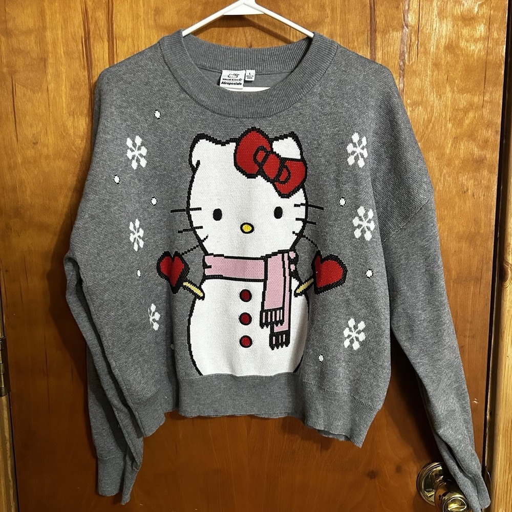Hello Kitty Aeropostale Winter Sweater‎ Women's L Pink Red Gray Snow